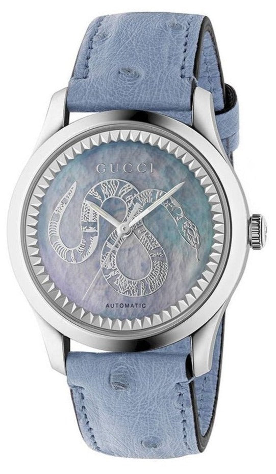 Gucci G Timeless Automatic Mother of Pearl Dial Blue Leather Strap Watch For Women - YA1264113