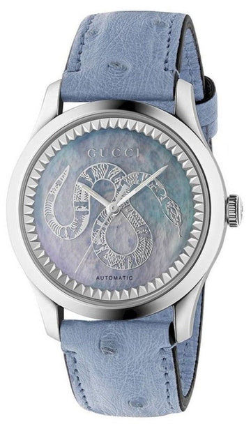  Shop Authentic Gucci G Timeless Automatic Mother of Pearl Dial Blue Leather Strap Watch For Women - YA1264113 - Luxxuri