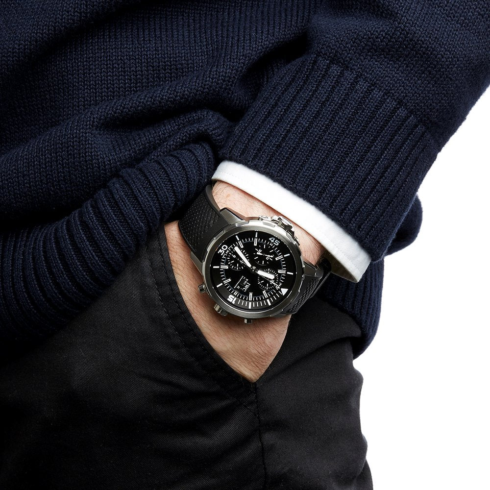  Shop Authentic IWC Aquatimer Chronograph Black Dial Black Leather Strap Watch for Men - IW376803 - Luxxuri