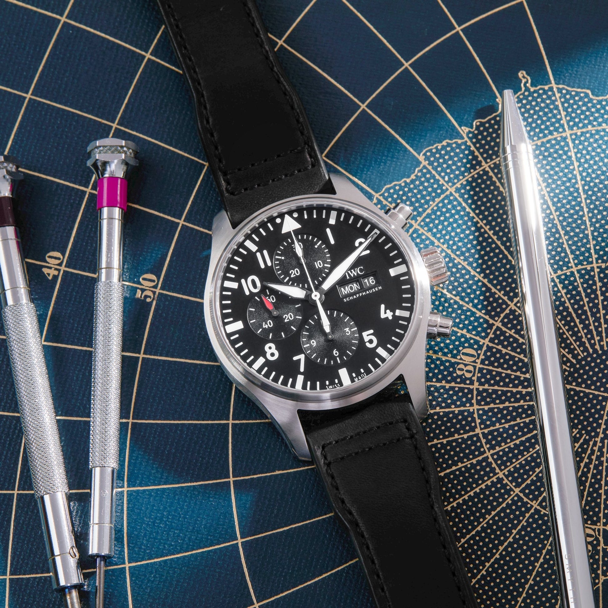  Shop Authentic IWC Pilot's Watch Chronograph Black Dial Black Leather Strap Watch for Men - IW377709 - Luxxuri