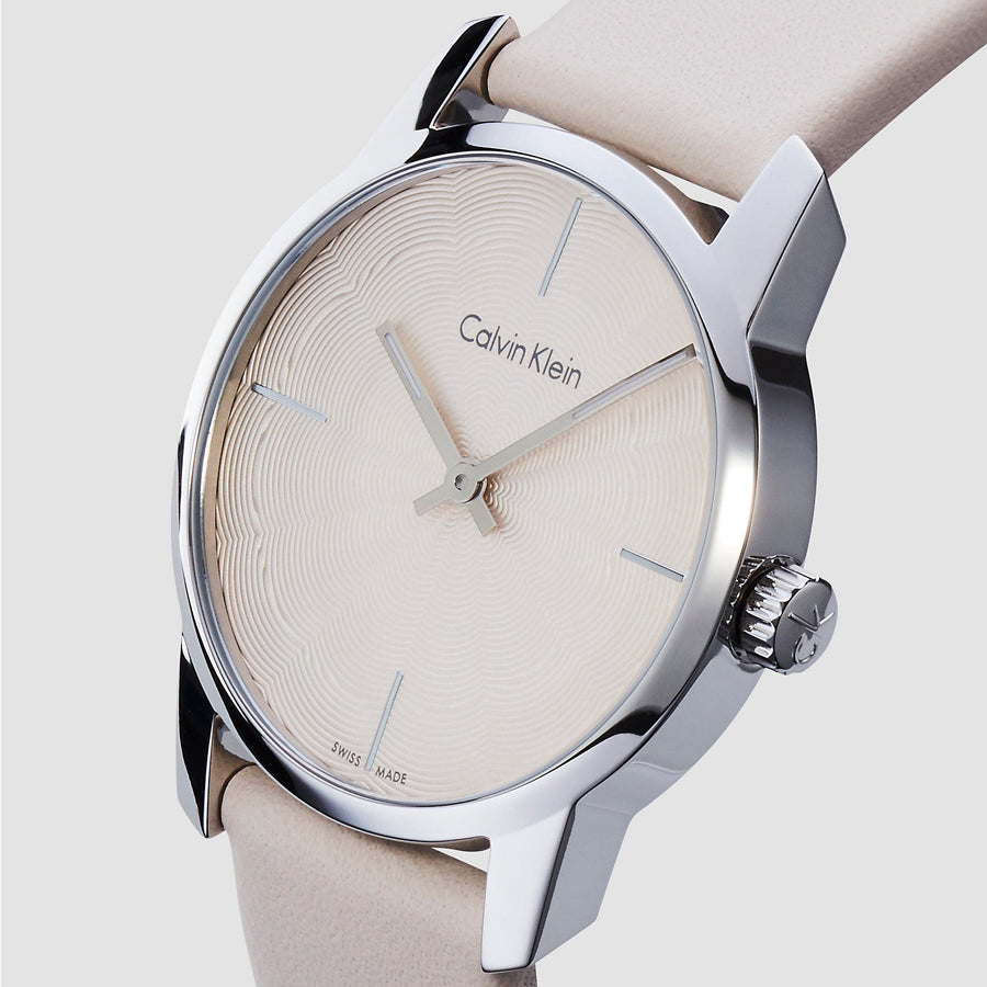  Shop Authentic Calvin Klein City White Dial White Leather Strap Watch for Women - K2G231XH - Luxxuri