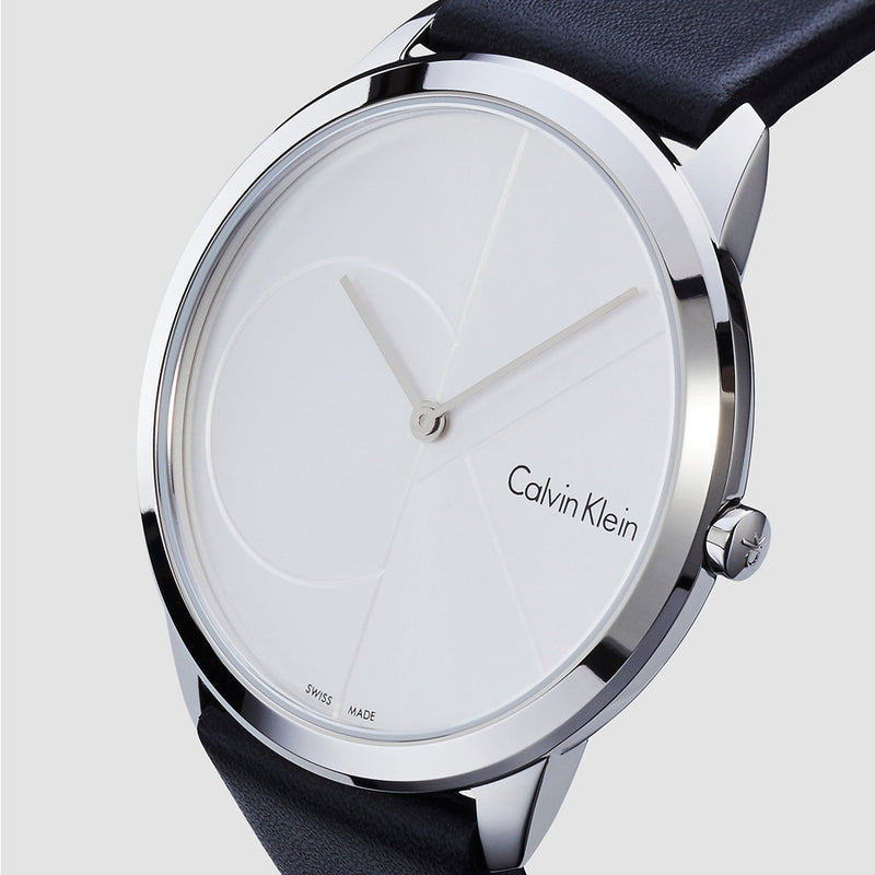 Shop Authentic Calvin Klein Minimal Silver Dial Black Leather Strap Watch for Men - K3M221CY - Luxxuri