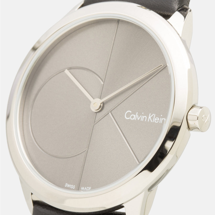  Shop Authentic Calvin Klein Minimal Grey Dial Black Leather Strap Watch for Men - K3M221C3 - Luxxuri