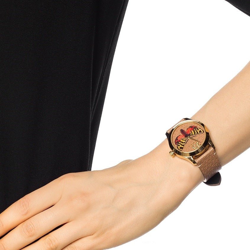  Shop Authentic Gucci G Timeless Butterfly Brown Dial Brown Leather Strap Watch For Women - YA1264063 - Luxxuri