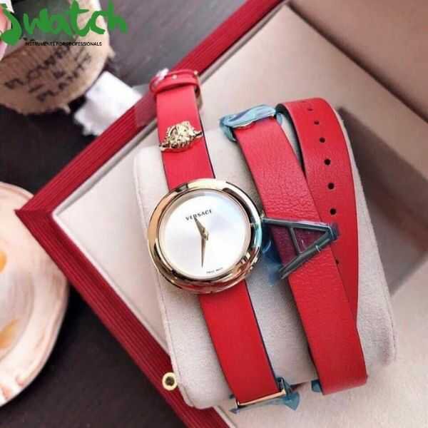  Shop Authentic Versace V-Flare Quartz Silver Dial Red Leather Strap Watch for Women - VEBN00418 - Luxxuri