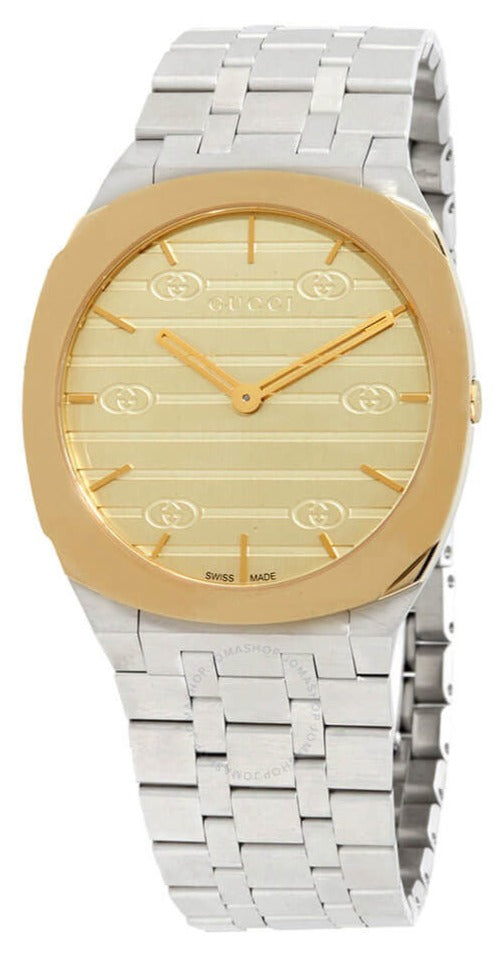 Gucci 25H Quartz Gold Dial Silver Steel Strap Watch for Women - YA163403