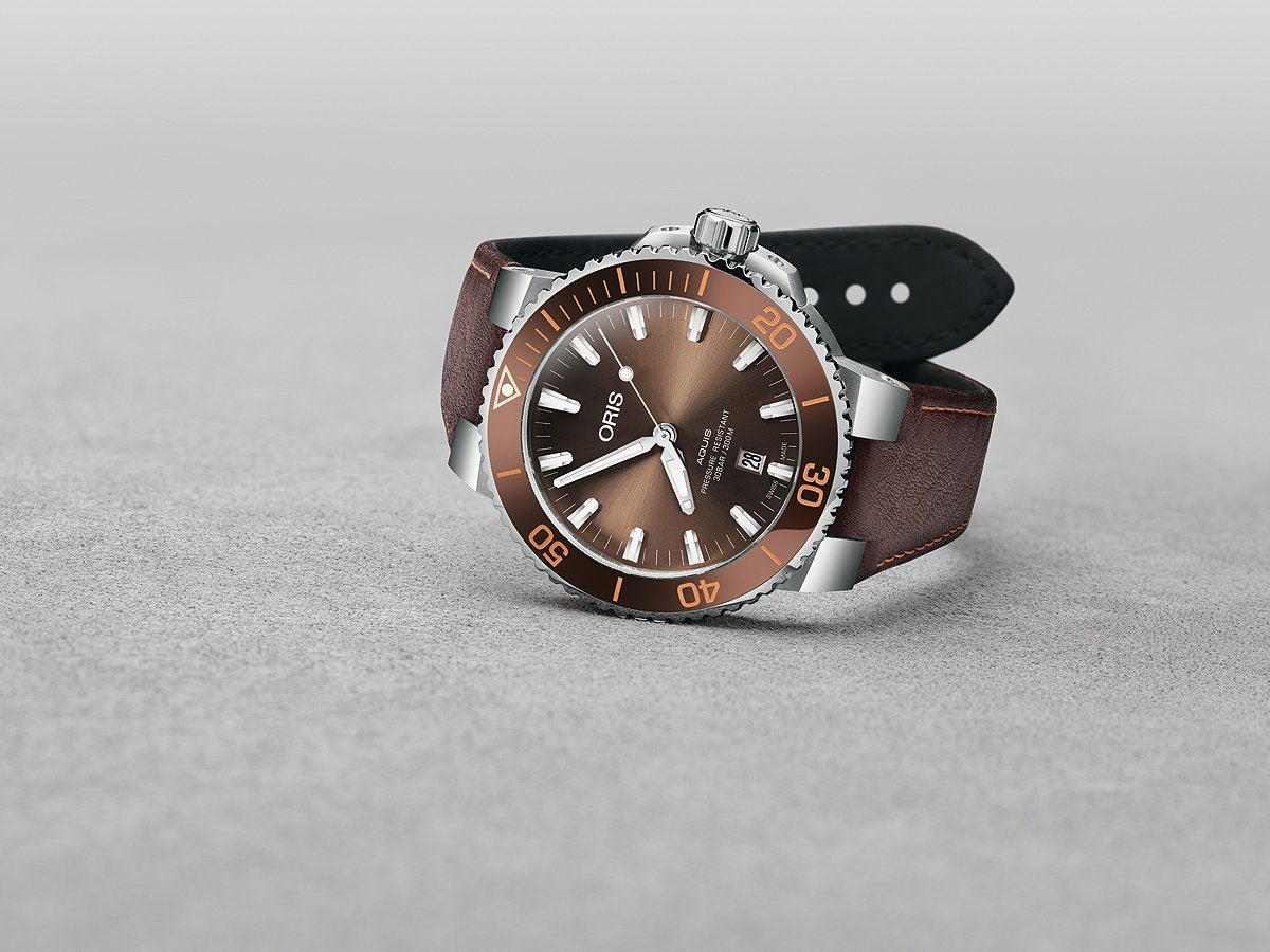  Shop Authentic Oris Aquis Date Brown Dial Brown Leather Strap Watch for Men - 0173377304152-0752412EB - Luxxuri