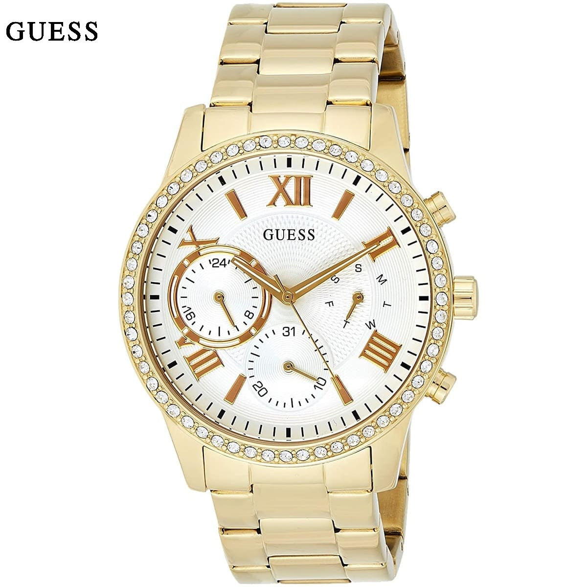 Shop Authentic Guess Solar Chronograph Diamonds White Dial Gold Steel Strap Watch for Women - W1069L2 - Luxxuri