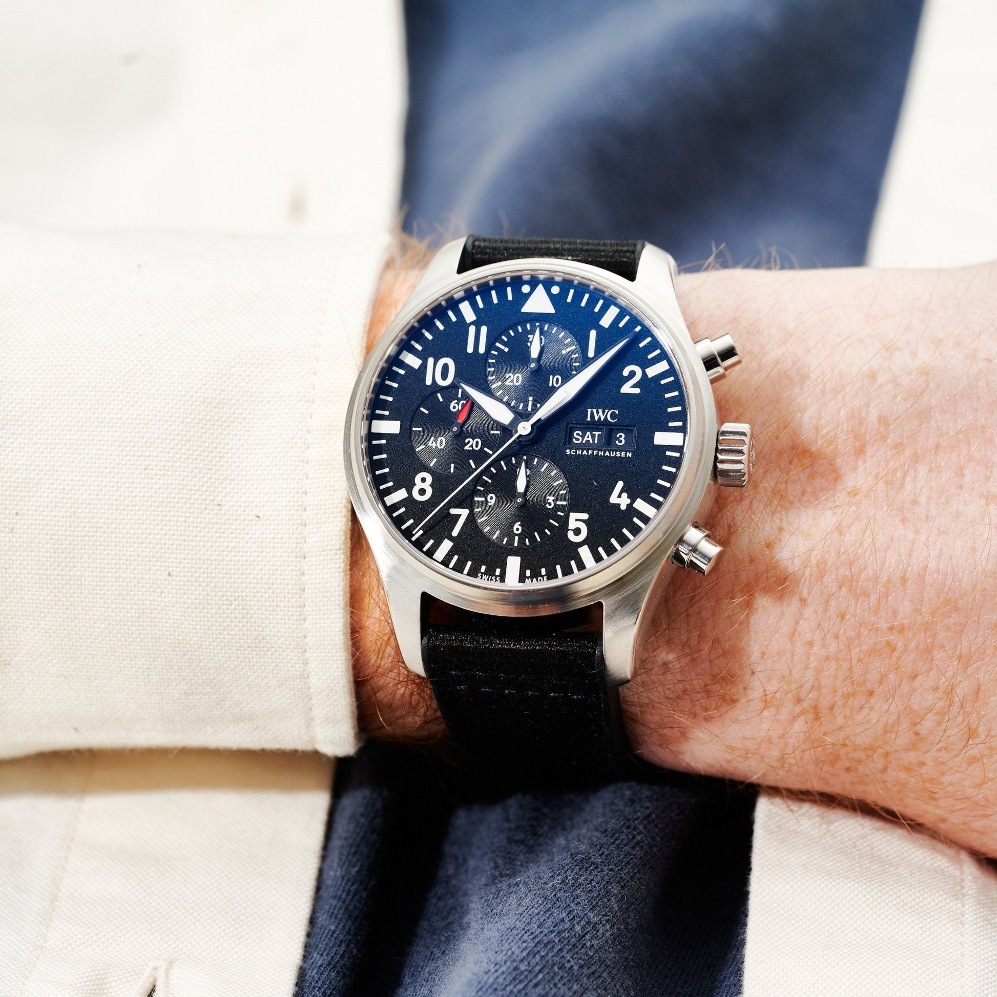  Shop Authentic IWC Pilot's Watch Chronograph Black Dial Black Leather Strap Watch for Men - IW377709 - Luxxuri