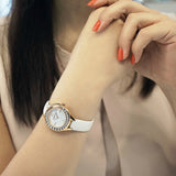  Shop Authentic Swarovski Lovely Crystals Mother of Pearl Dial White Leather Strap Watch for Women - 5242904 - Luxxuri
