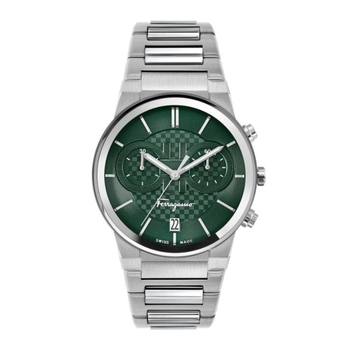 Salvatore Ferragamo Sapphire Chrono Green Dial Silver Steel Strap Watch for Men - SFME00421