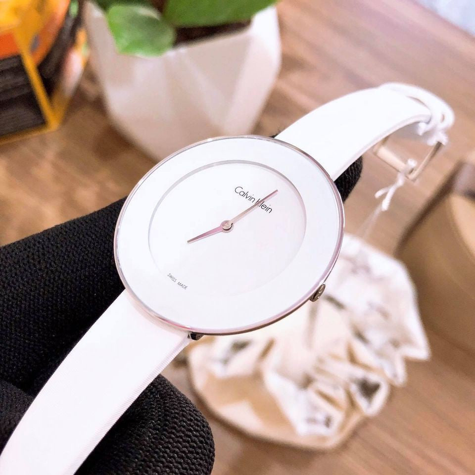  Shop Authentic Calvin Klein Chic White Dial White Leather Strap Watch for Women - K7N23TK2 - Luxxuri