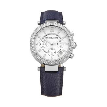 Michael Kors Parker White Dial Navy Blue Leather Strap Watch for Women - MK2293