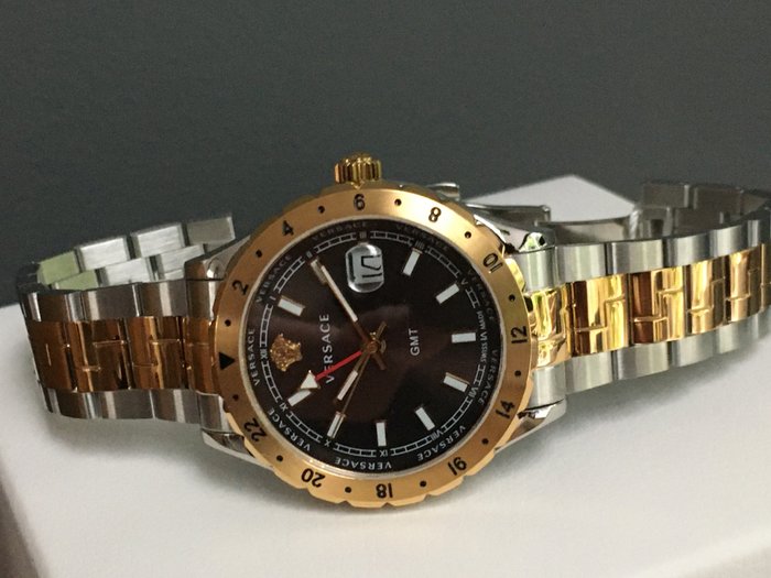  Shop Authentic Versace Hellenyium GMT Black Dial Two Tone Steel Strap Watch for Men - V11040015 - Luxxuri