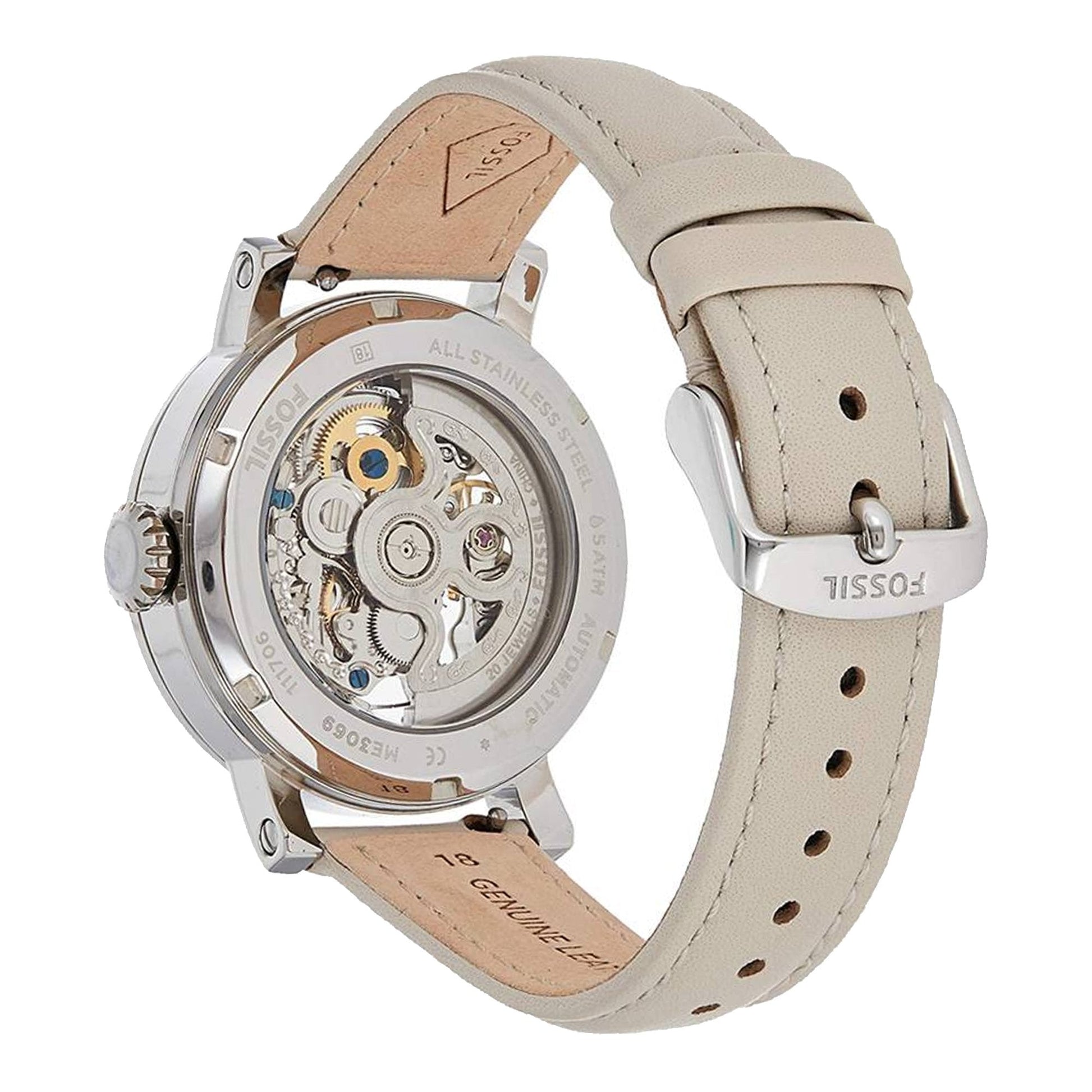  Shop Authentic Fossil Boyfriend Automatic Skeleton Silver Dial White Leather Strap Watch for Women - ME3069 - Luxxuri