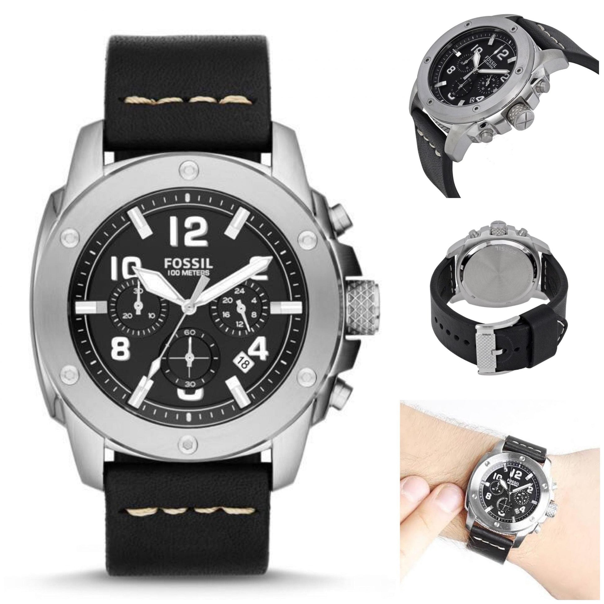 Fossil Modern Machine Chronograph Black Dial Black Leather Strap Watch for Men - FS4928