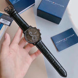  Shop Authentic Tommy Hilfiger Aden Chronograph Black Dial Black Leather Strap Watch for Men - 1791310 - Luxxuri