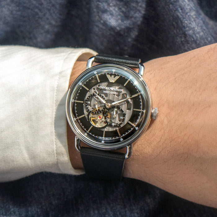  Shop Authentic Emporio Armani Meccanico Skeleton Black Dial Black Leather Strap Watch For Men - AR60026 - Luxxuri