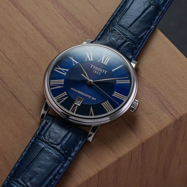 Tissot Carson Premium Powermatic 80 Blue Dial Blue Leather Strap Watch For Men - T122.407.16.043.00