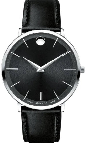  Shop Authentic Movado Ultra Slim Black Dial Black Leather Strap Watch For Men - 0607086 - Luxxuri
