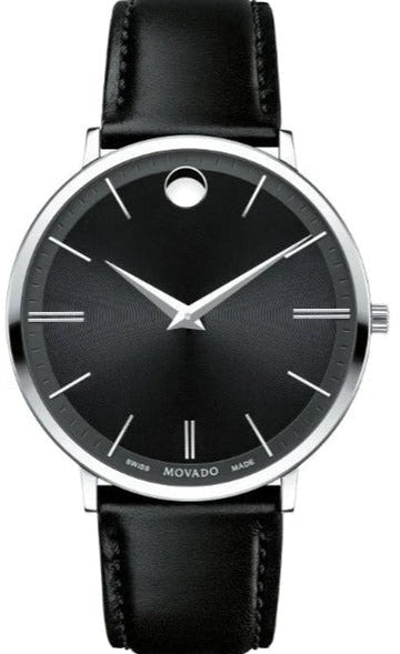  Shop Authentic Movado Ultra Slim Black Dial Black Leather Strap Watch For Men - 0607086 - Luxxuri