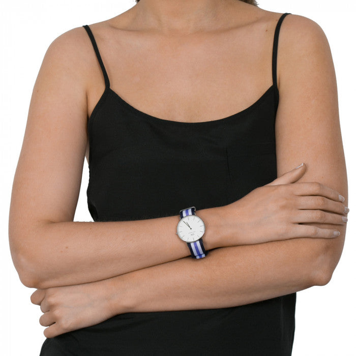  Shop Authentic Daniel Wellington Classic Trinity White Dial Three Tone Nylon Strap Watch For Women - 0609DW - Luxxuri