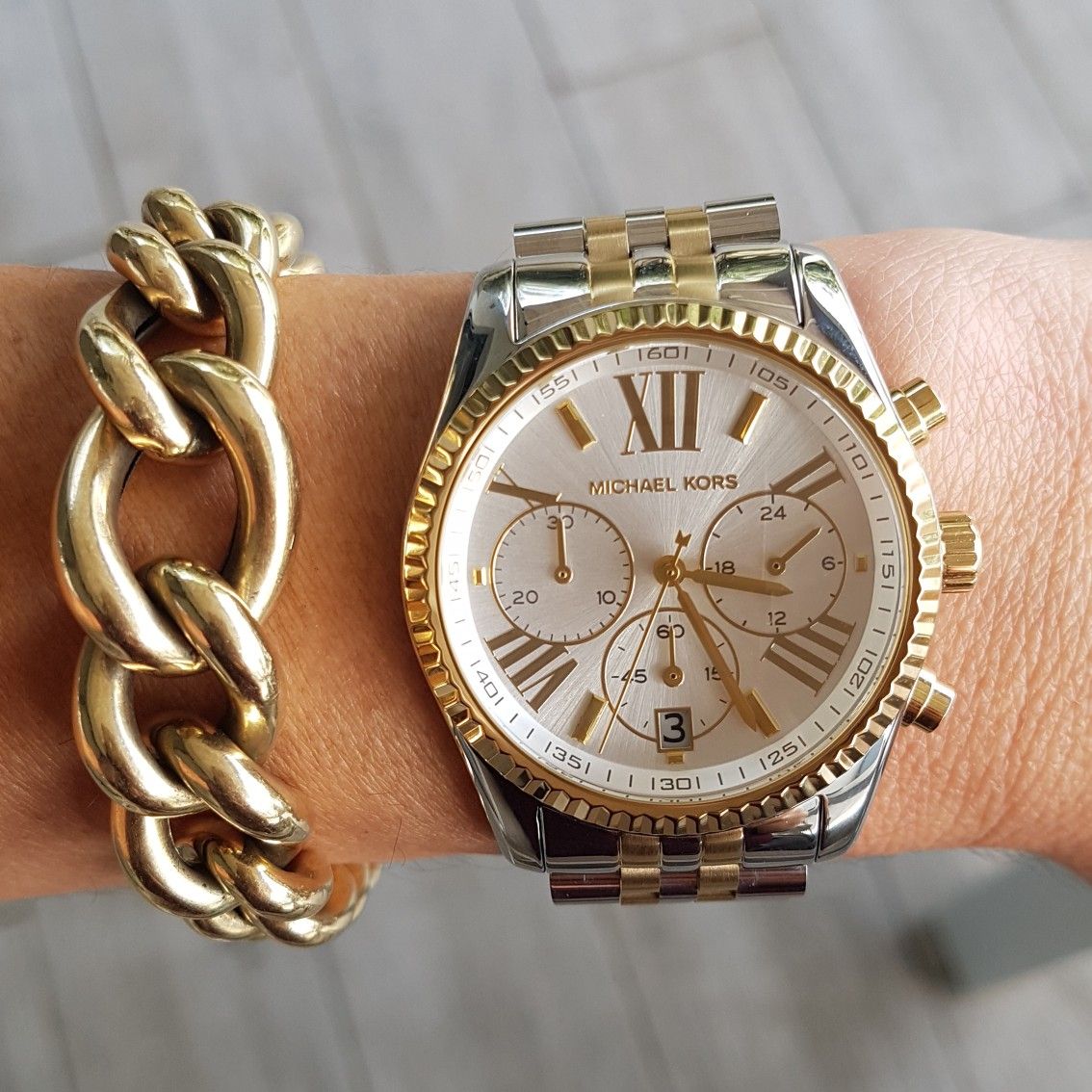 Michael Kors Lexington Silver Dial Two Tone Steel Strap Watch for Women - MK5955