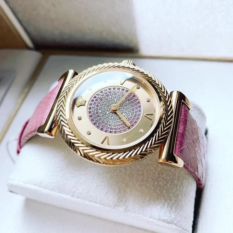  Shop Authentic Versace V-Motif Vintage Logo Diamonds Gold Dial Pink Leather Strap Watch for Women - VERE01118 - Luxxuri
