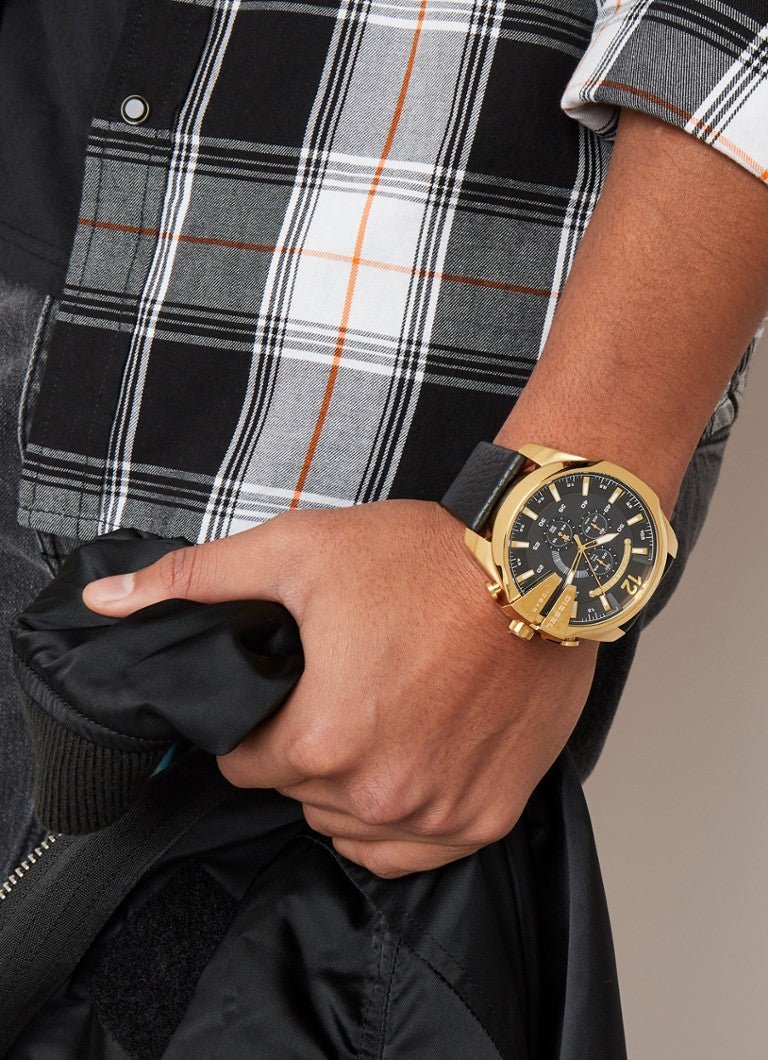  Shop Authentic Diesel Mega Chief Gold & Black Dial Black Leather Strap Watch For Men - DZ4344 - Luxxuri