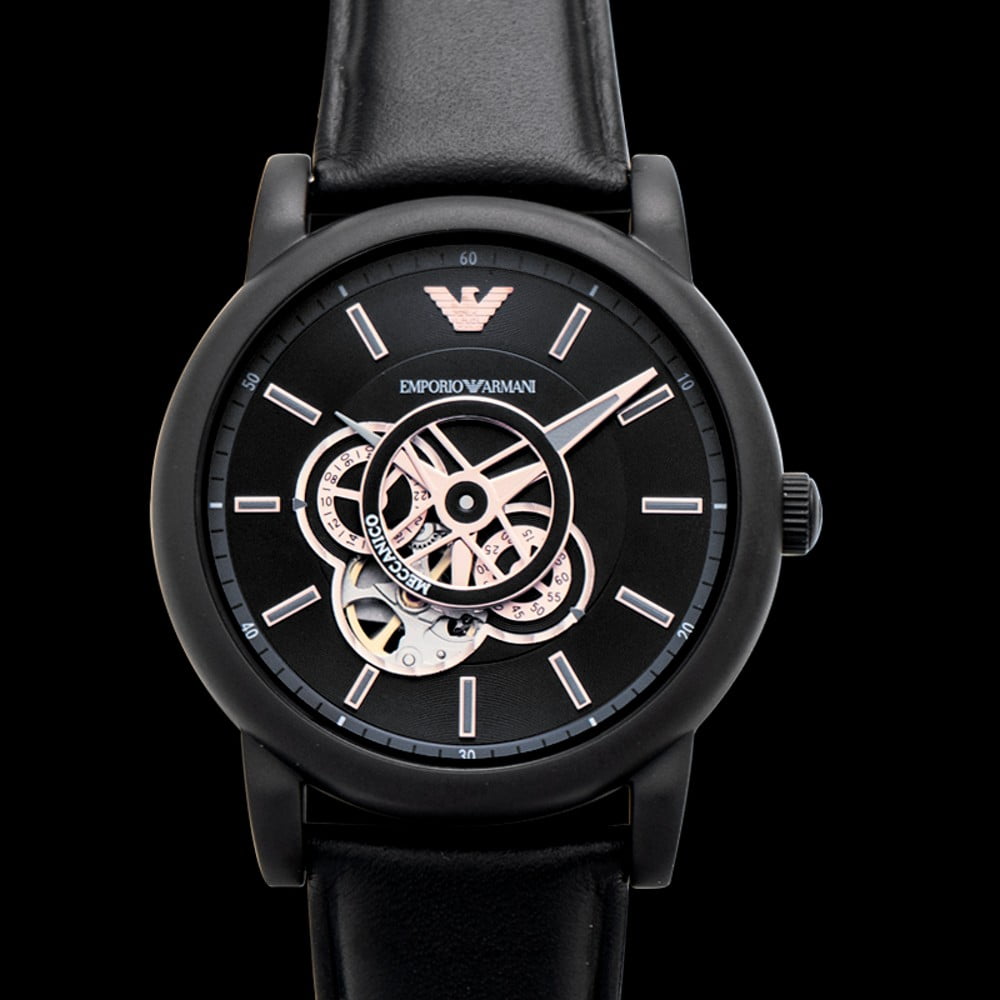  Shop Authentic Emporio Armani Luigi Automatic Skeleton Black Dial Black Leather Strap Watch For Men - AR60012 - Luxxuri