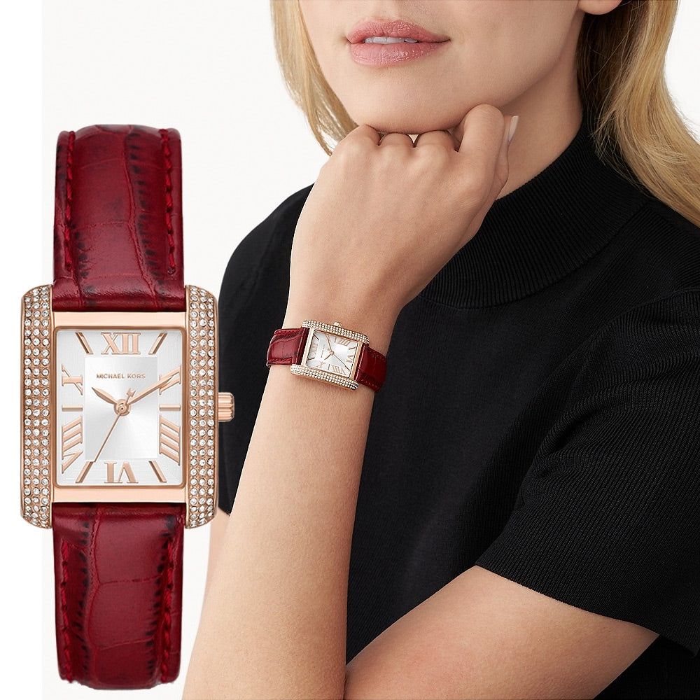  Shop Authentic Michael Kors Emery Quartz Diamonds Silver Dial Red Leather Strap Watch For Women - MK4689 - Luxxuri