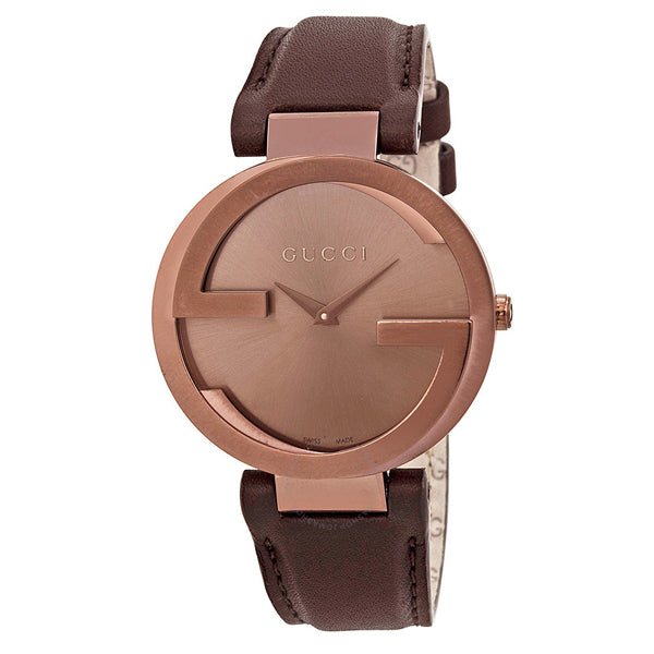  Shop Authentic Gucci Interlocking Brown Dial Brown Leather Strap Watch For Women - YA133309 - Luxxuri