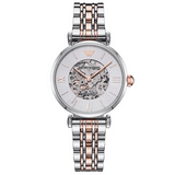  Shop Authentic Emporio Armani Gianni T Bar Silver Skeleton Dial Two Tone Strap Watch For Women - AR1992 - Luxxuri