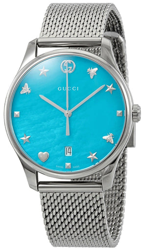  Shop Authentic Gucci G-Timeless Turquoise Mother of Pearl Dial Silver Mesh Bracelet Watch For Women - YA126582 - Luxxuri