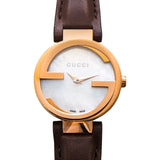  Shop Authentic Gucci G Interlocking Mother of Pearl Dial Brown Leather Strap Watch For Women - YA133516 - Luxxuri
