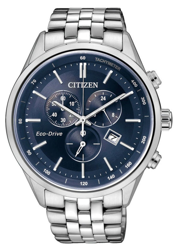  Shop Authentic Citizen Eco Drive Chronograph Blue Dial Silver Steel Strap Watch For Men - AT2140-55L - Luxxuri