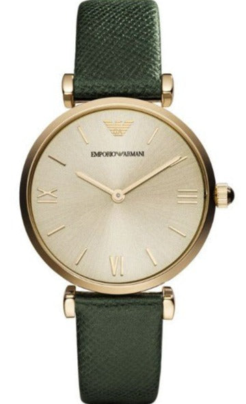  Shop Authentic Emporio Armani Retro Champagne Beige Dial Green Leather Strap Watch For Women - AR1726 - Luxxuri