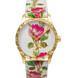  Shop Authentic Gucci G Timeless Floral Gold Dial White Leather Strap Watch For Women - YA1264084 - Luxxuri