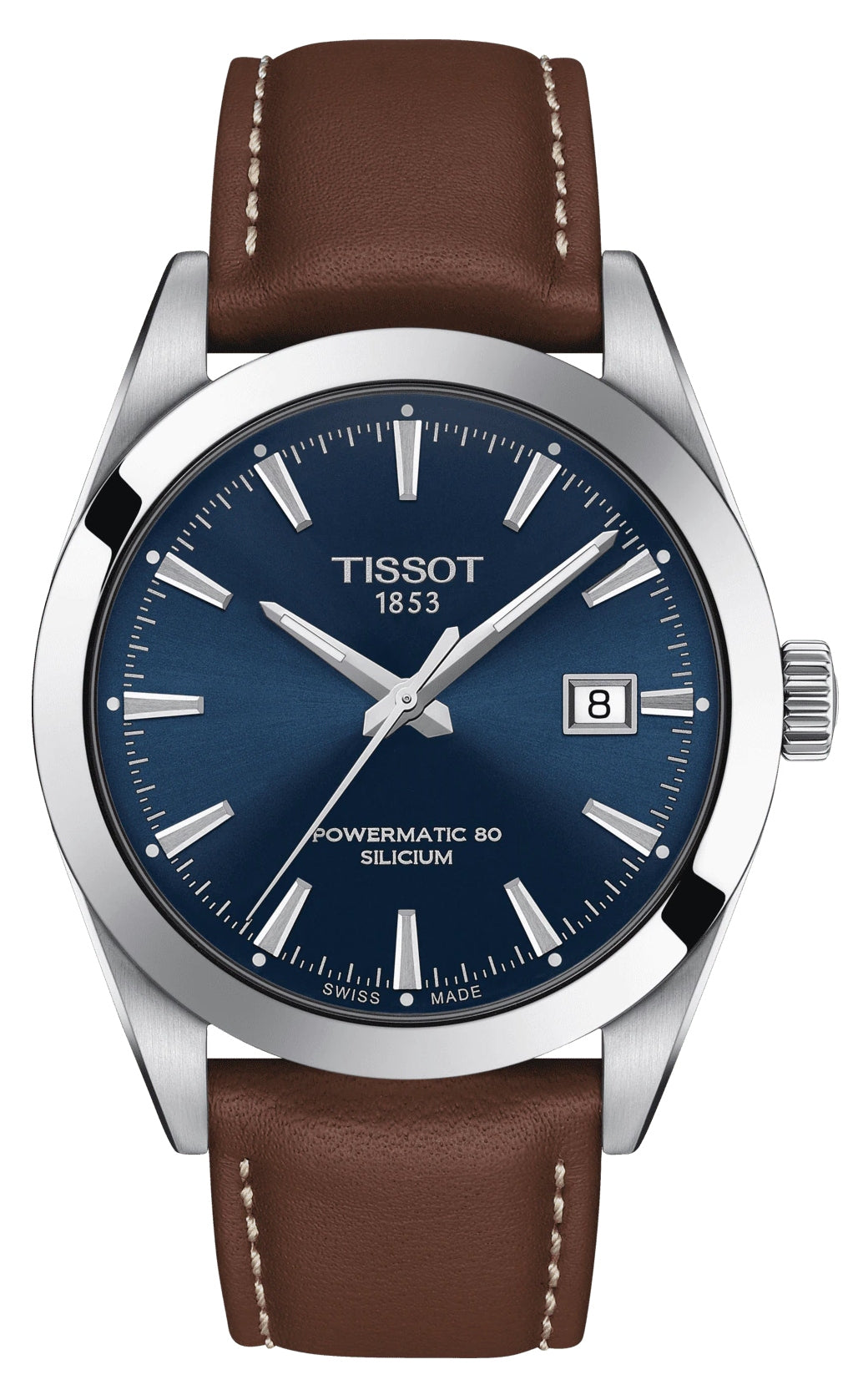 Tissot Gentleman Powermatic 80 Silicium Blue Dial Brown Leather Strap Watch For Men - T127.407.16.041.00