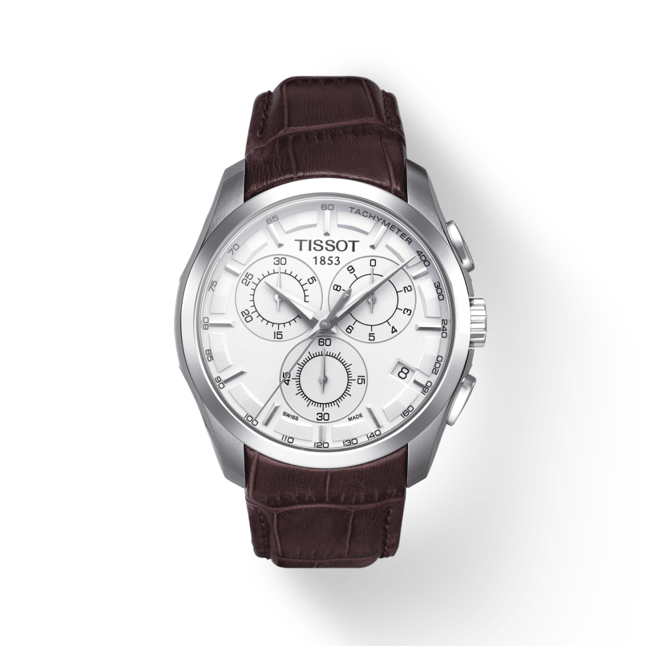 Tissot Couturier Chronograph White Dial Brown Leather Strap Watch For Men - T035.617.16.031.00