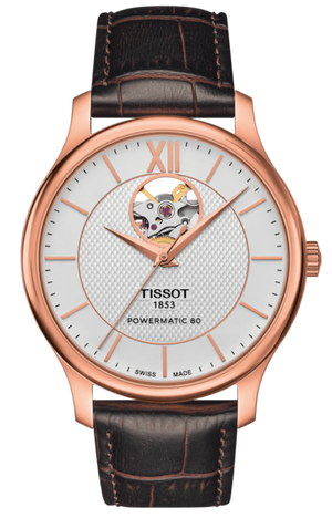  Shop Authentic Tissot Tradition Powermatic 80 Open Heart Silver Dial Brown Leather Strap Watch For Men - T063.907.36.038.00 - Luxxuri