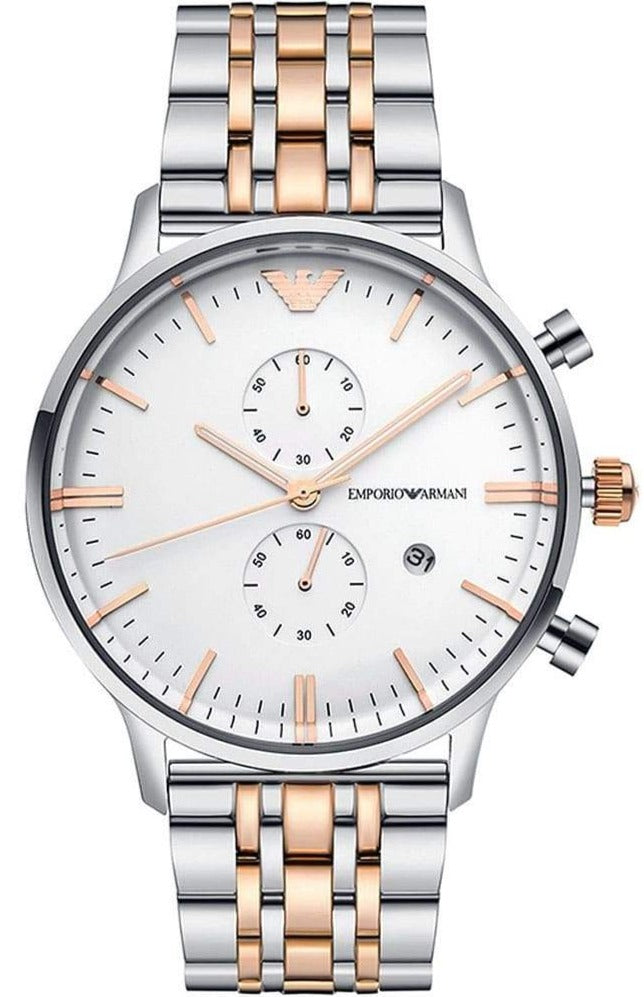  Shop Authentic Emporio Armani Chronograph White Dial Two Tone Steel Strap Watch For Men - AR0399 - Luxxuri