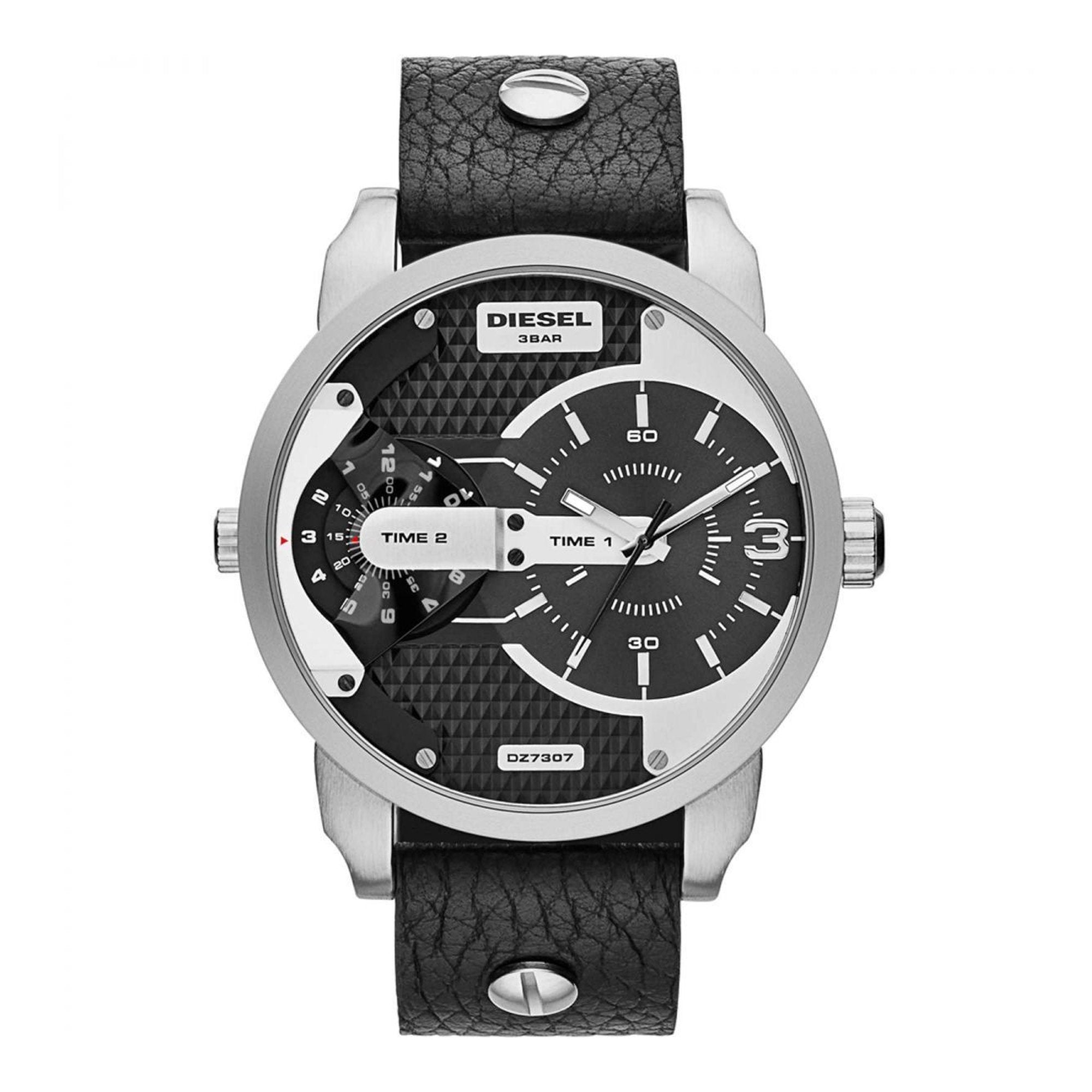 Diesel Mini Daddy Black Silver Dial Black Leather Strap Watch For Men - DZ7307