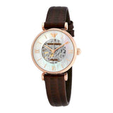  Shop Authentic Emporio Armani Meccanico Skeleton Mother of Pearl Dial Brown Leather Strap Watch For Women - AR1993 - Luxxuri