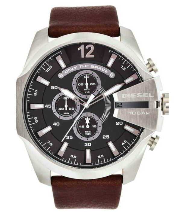  Shop Authentic Diesel Mega Chief Black & Silver Round Dial Brown Leather Strap Watch For Men - DZ4290 - Luxxuri