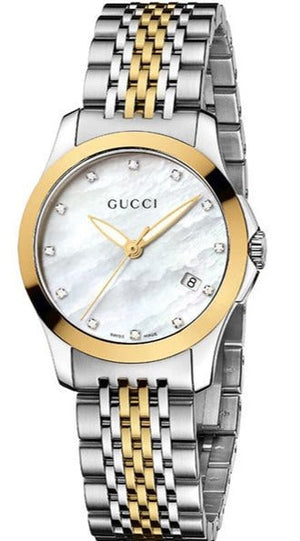  Shop Authentic Gucci G Timeless Diamonds Mother of Pearl Dial Two Tone Steel Strap Watch For Women - YA126413 - Luxxuri