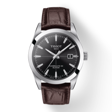 Tissot Gentleman Powermatic 80 Silicium Black Dial Brown Leather Strap Watch For Men - T127.407.16.051.01