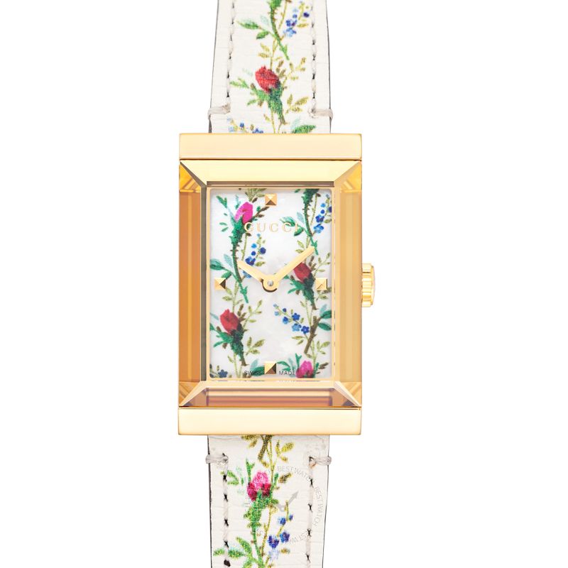  Shop Authentic Gucci G-Frame Floral Mother of Pearl Dial White Leather Strap Watch For Women - YA147407 - Luxxuri