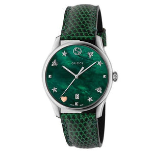  Shop Authentic Gucci G-Timeless Green Mother of Pearl Dial Green Leather Strap Watch For Women - YA126585 - Luxxuri