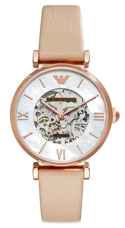  Shop Authentic Emporio Armani Meccanico Silver Skeleton Dial Beige Leather Strap Watch For Women - AR60001 - Luxxuri